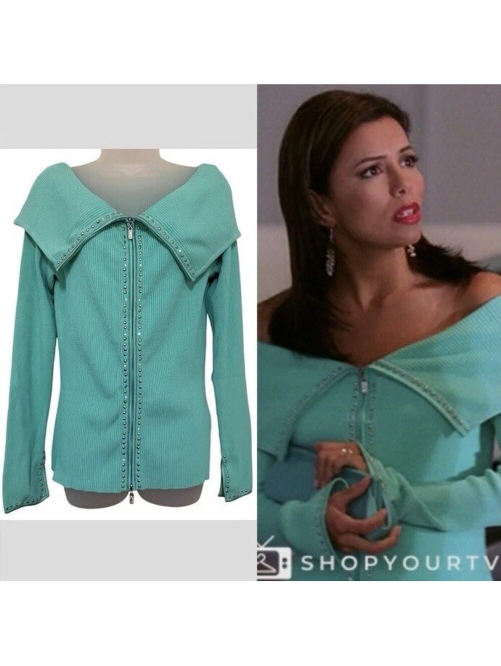 Vintage Y2K Caché ASO Gabrielle Solis Beaded Jewel Off Shoulder Zip Up Sweater
